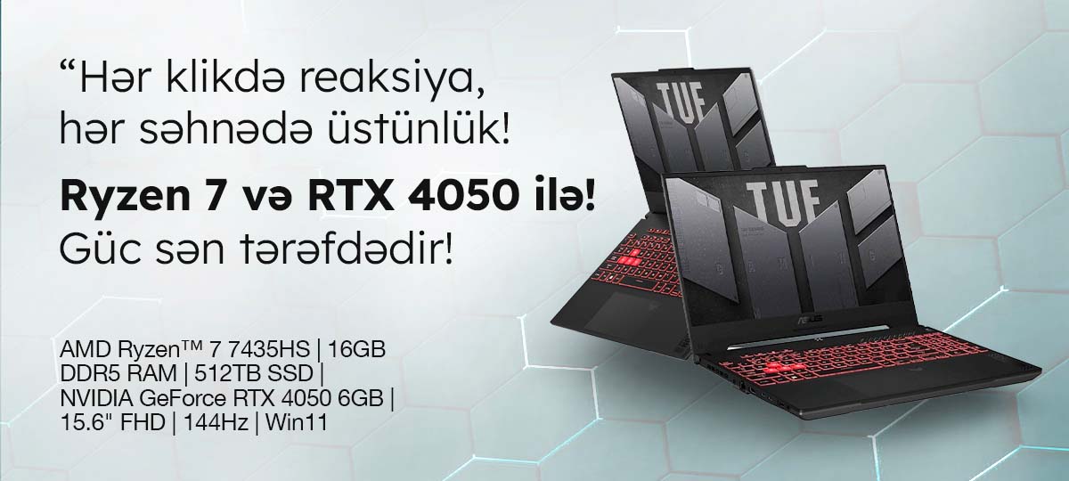 ASUS TUF Gaming A15 FA507NUR — RTX 4050 gücü indi TexnoGallery‑də